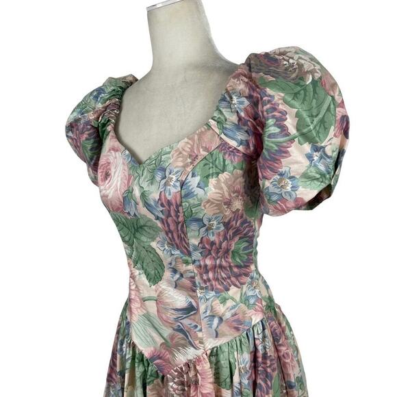 Vintage House of Bianchi Floral Victorian Prairie Midi Puff Sleeve Corset Dress - Picture 8 of 15